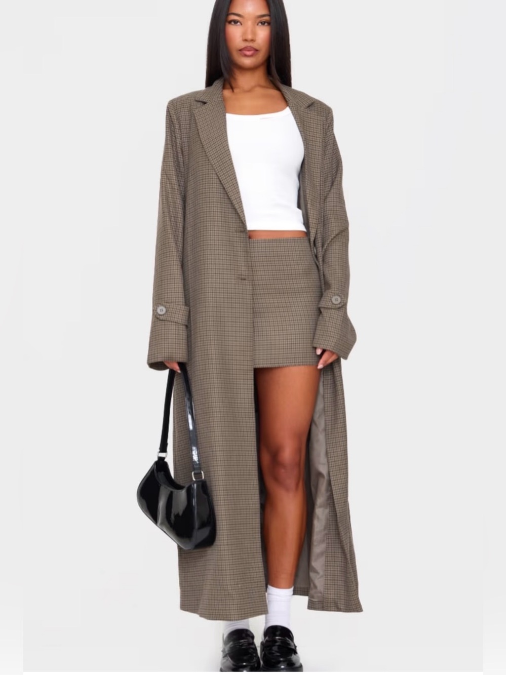PrettyLittleThing Brown Houndstooth Longline Duster Coat - Picture 5 of 16